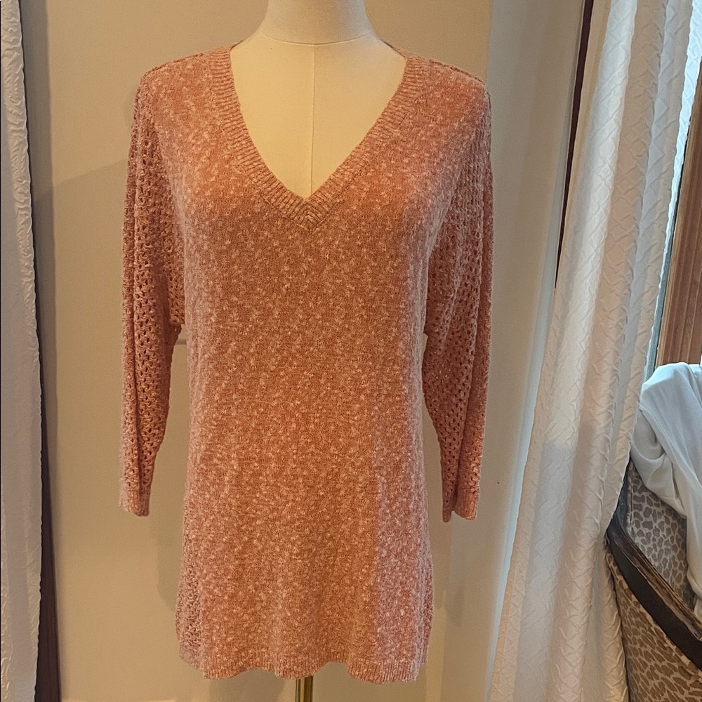 Hinge Pink Peach V-Neck Knit Sweater Small